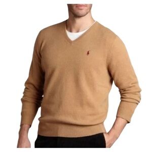 Polo by Ralph Lauren Men's V-Neck Sweater in Camel Brown s